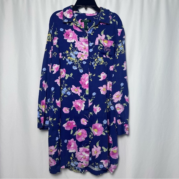 Ralph Lauren Other - Lauren Ralph Lauren Navy Floral Sleep Shirt Women’s Embroidered Pocket Sz M